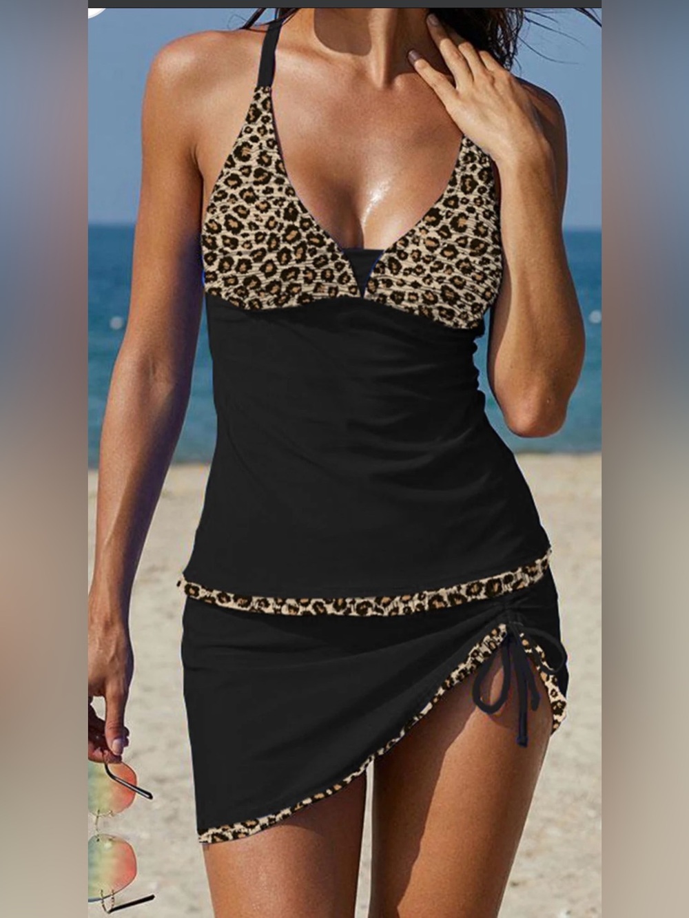 NWT Rekita 2-Piece Leopard Print Tankini Swimsuit Set with Swim Skirt (Large)